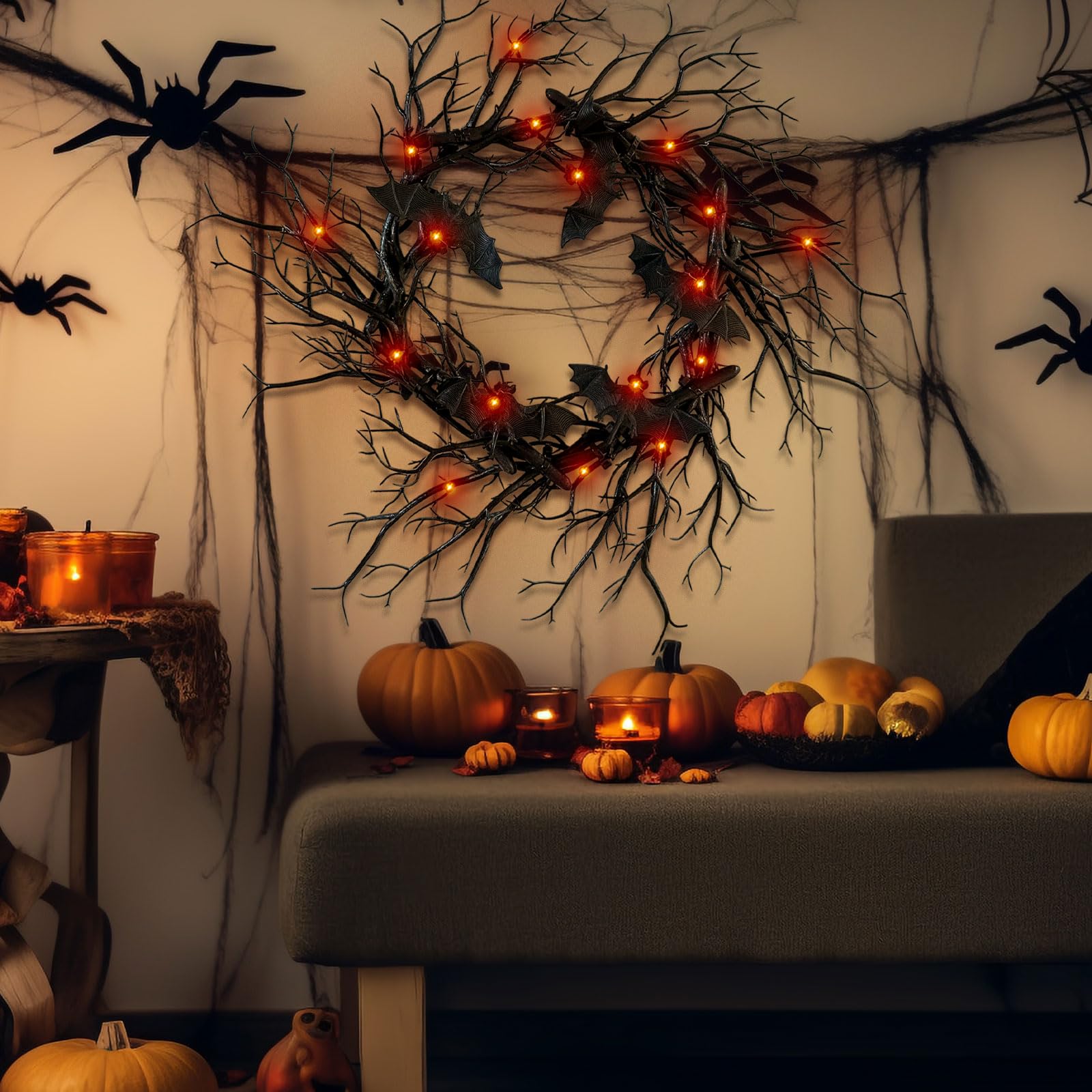 Indoor outdoor Halloween wreath displayed on window