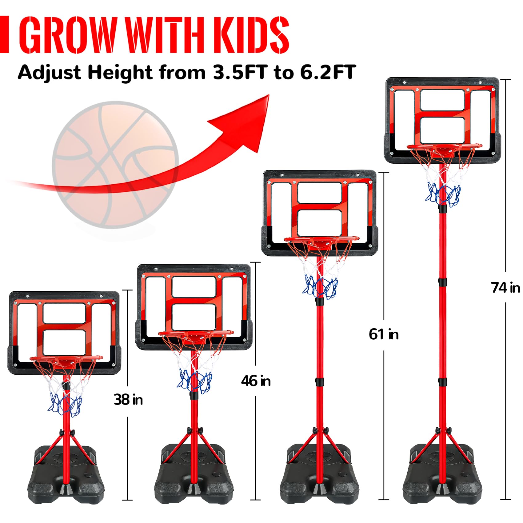 Includes backboard rim net sturdy base 3 basketballs and pump
