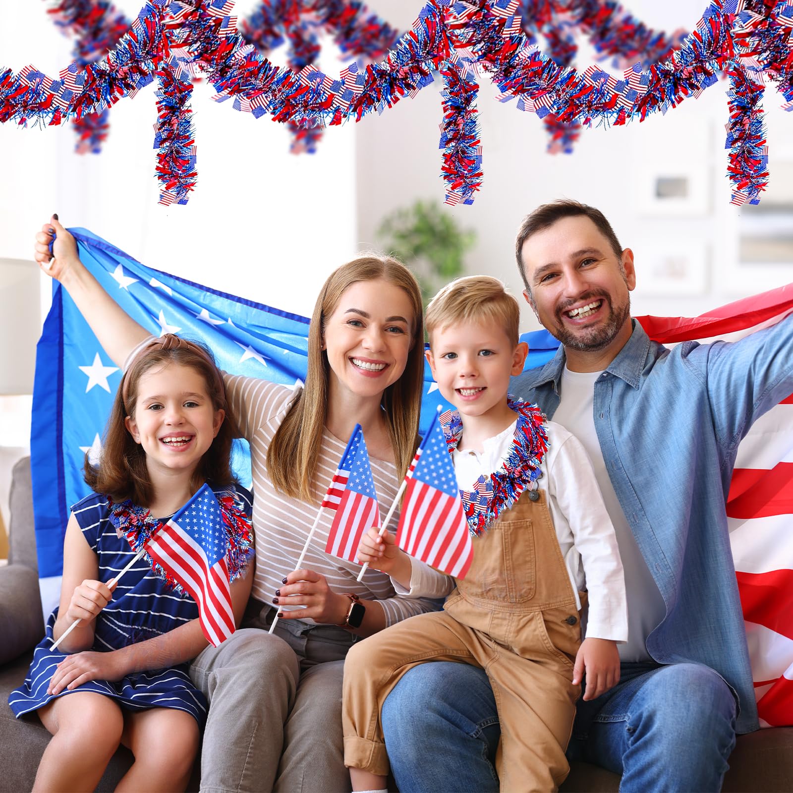 American flag accents on red white blue foil garland