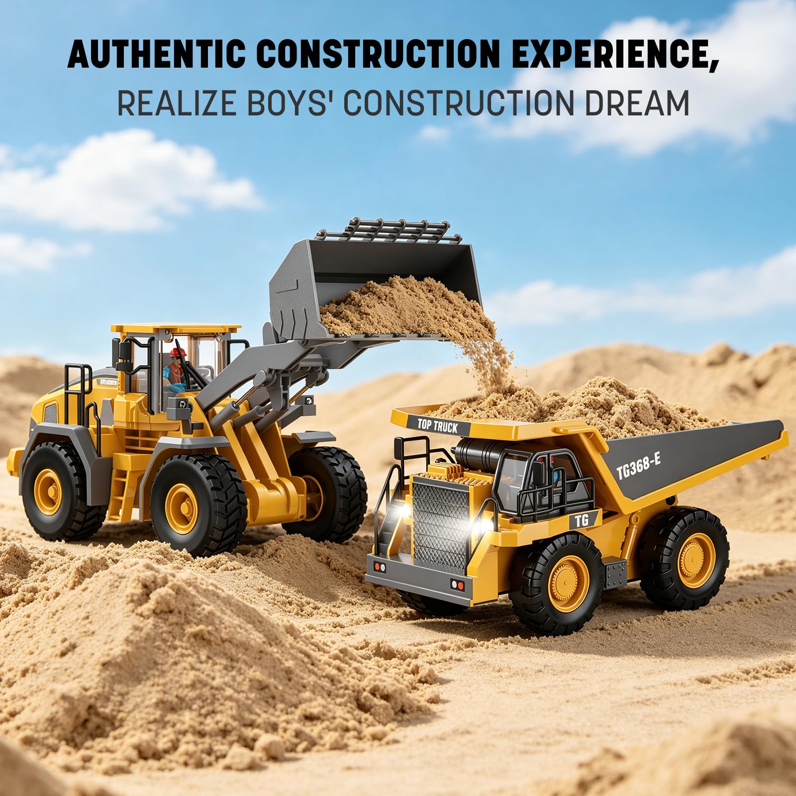 Indoor and outdoor RC dump truck on carpet and dirt surfaces