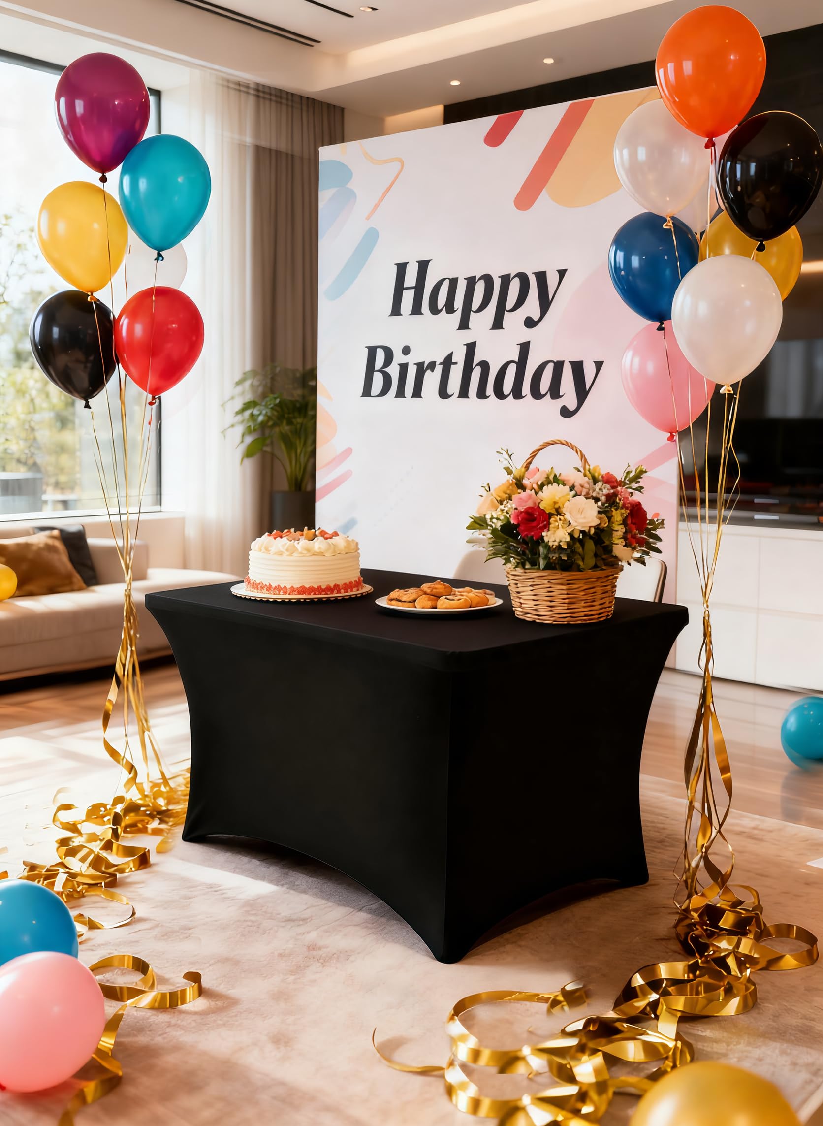 indoor outdoor setup with black tablecloth on table