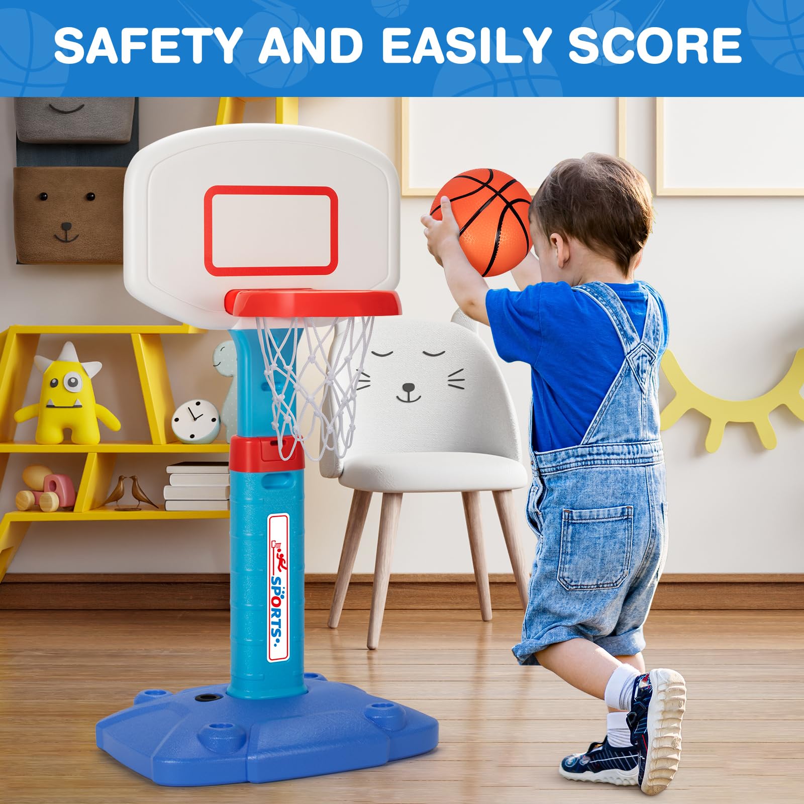 Base and hoop made from durable ABS plastic for toddlers safety