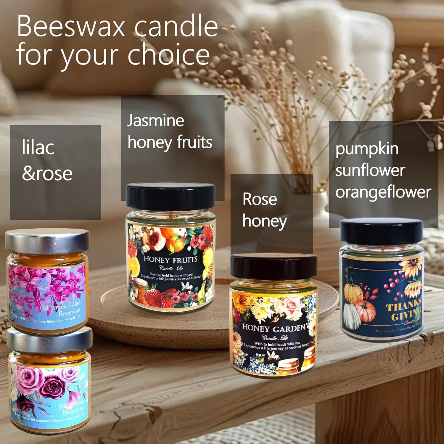 over 50 scents and personalized candle label option