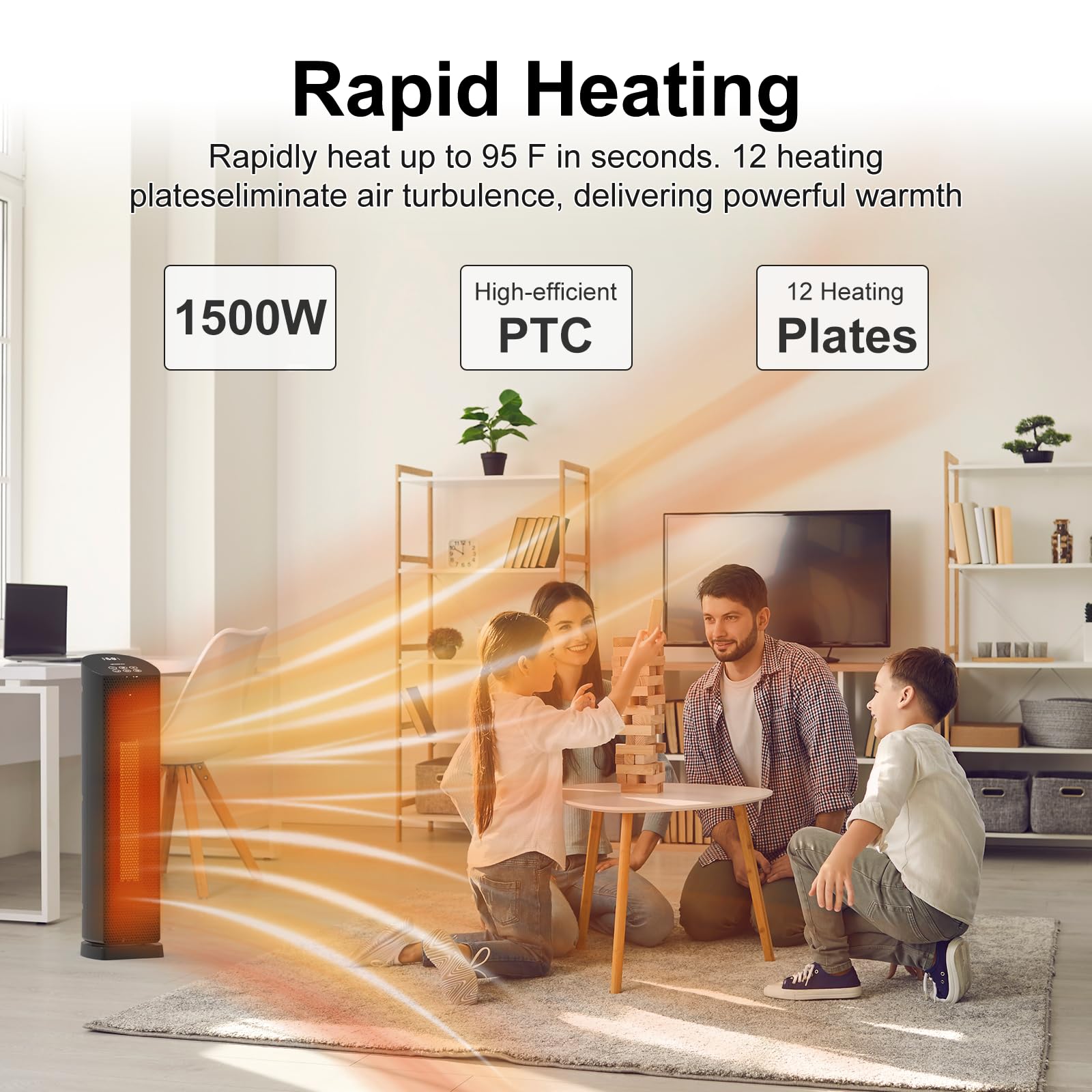 Oscillating indoor heater with 70-degree wide-angle heat distribution