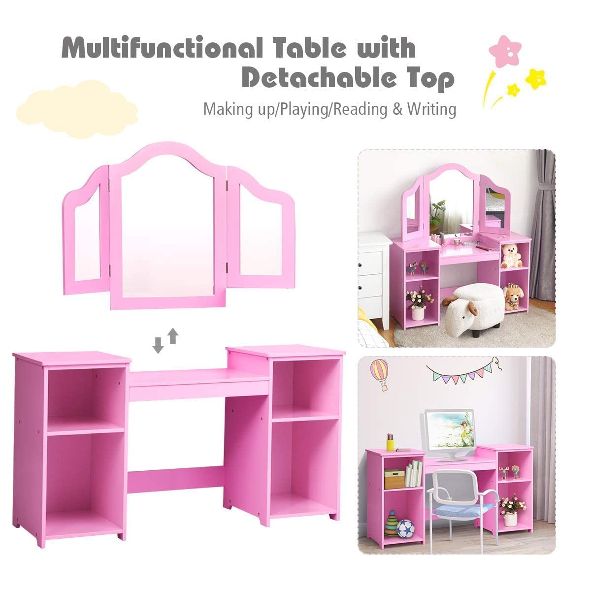 Princess makeup desk set for girls with built in storage