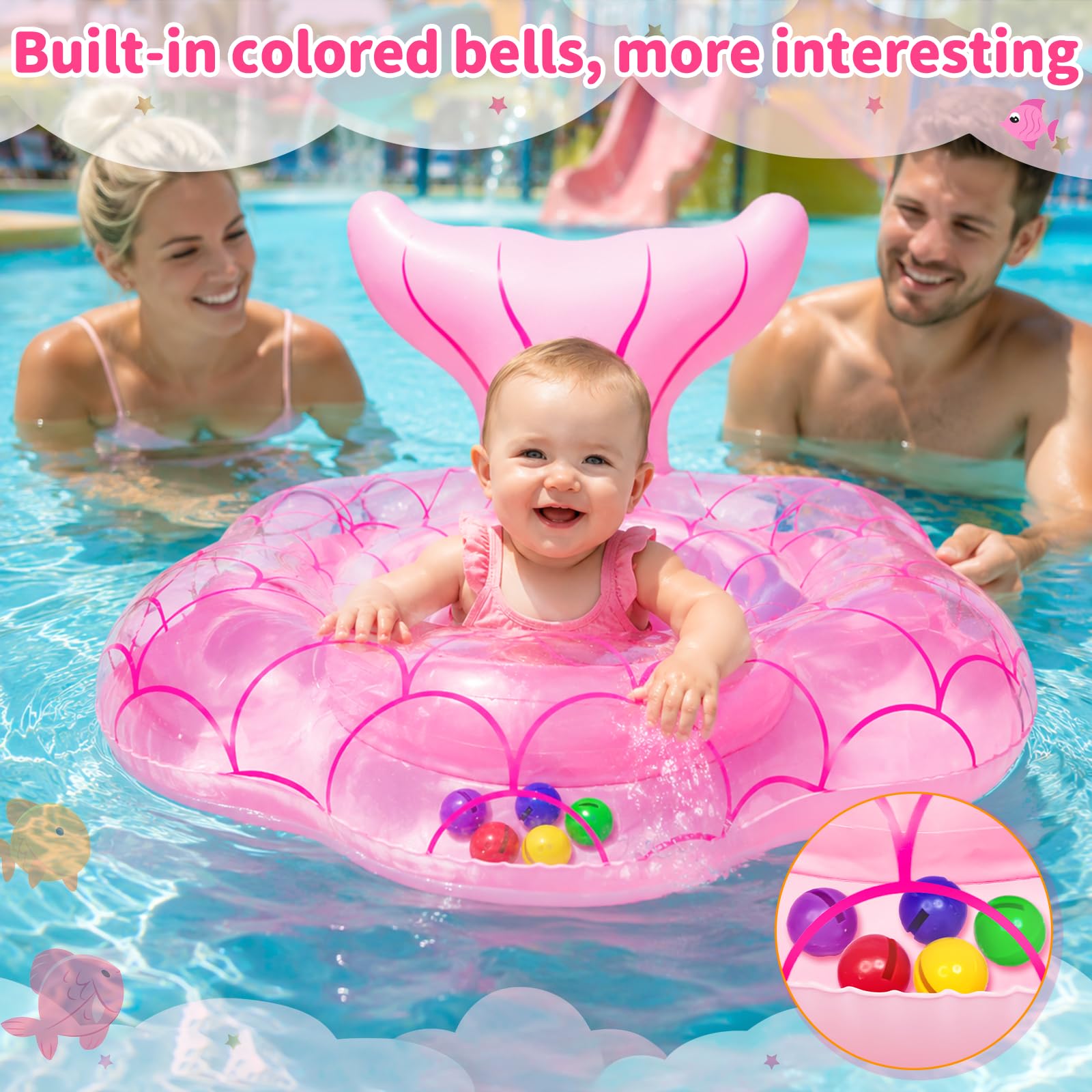 Pink mermaid themed pool float for babies and toddlers