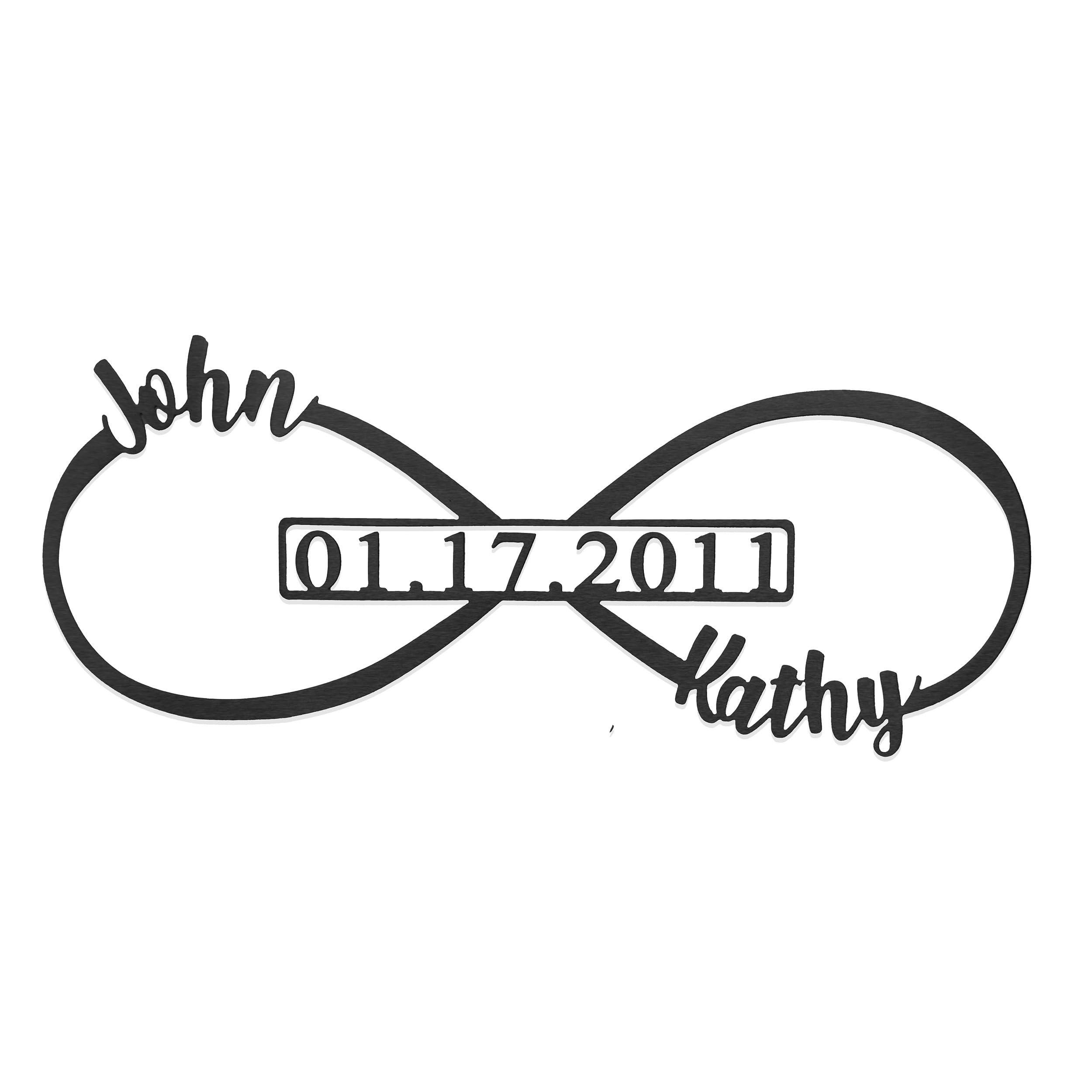 Infinity Wall Decor with Date two names shown on metal infinity sign