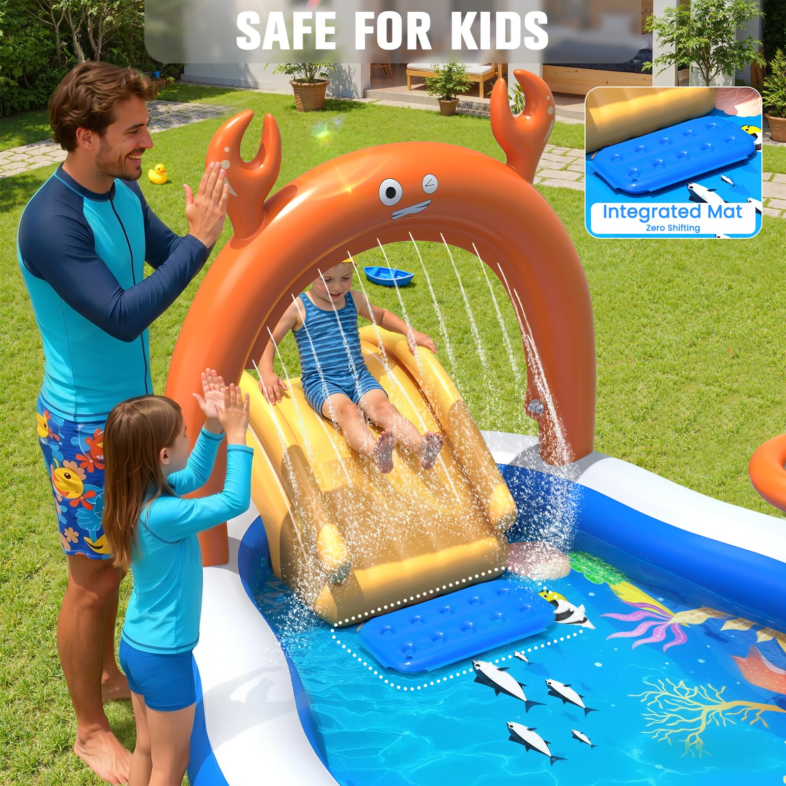 Inflatable toddler pool with slide in home environment