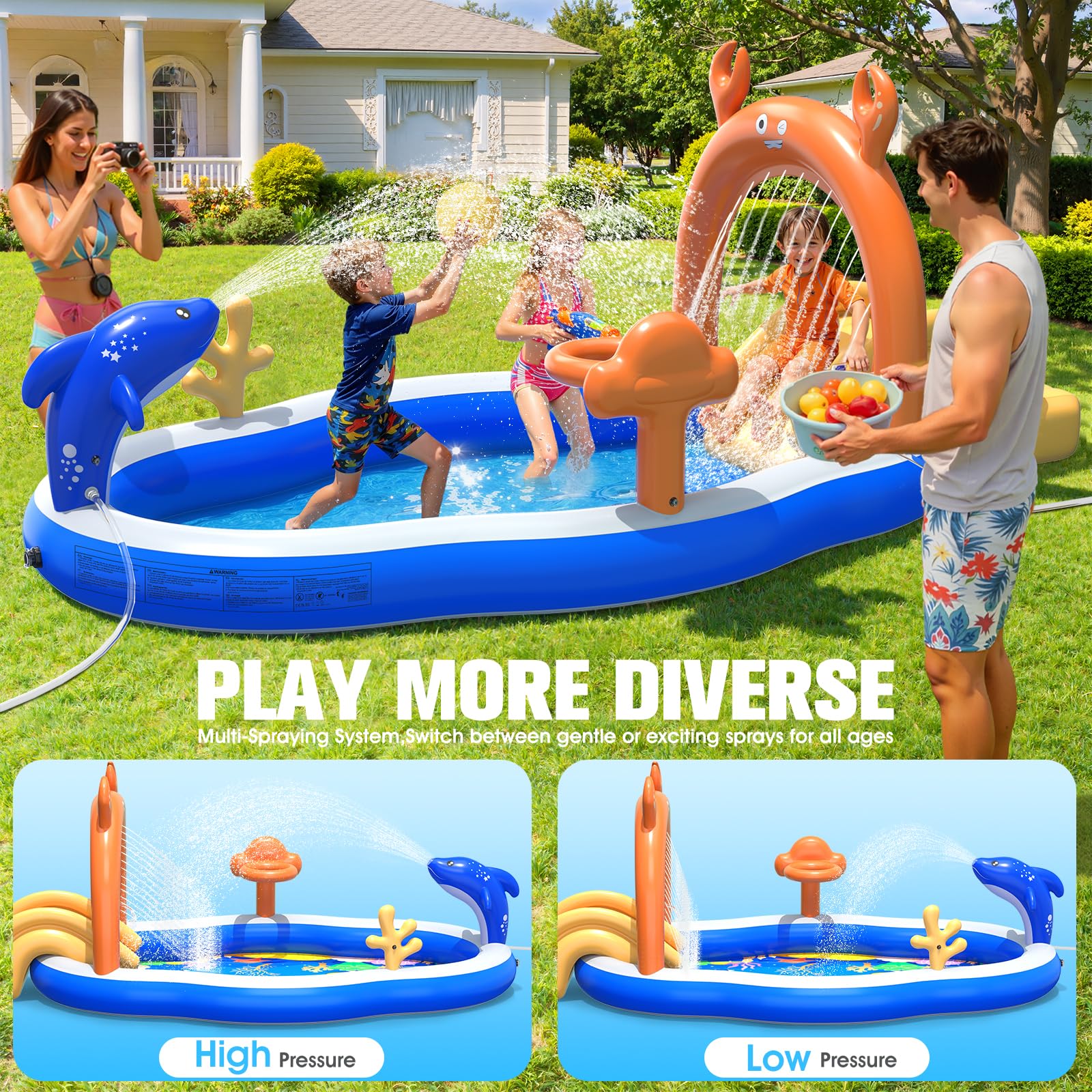 Inflatable water park for kids in backyard