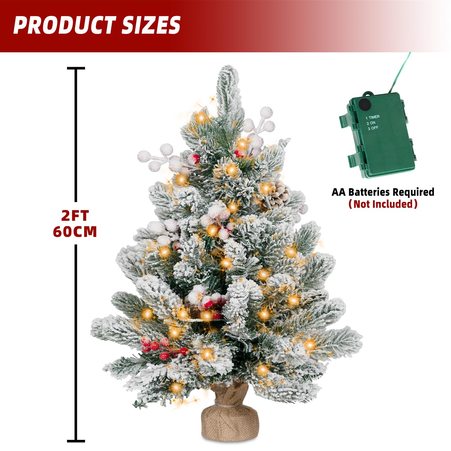 Snow flocked mini tree with berry clusters and pinecones
