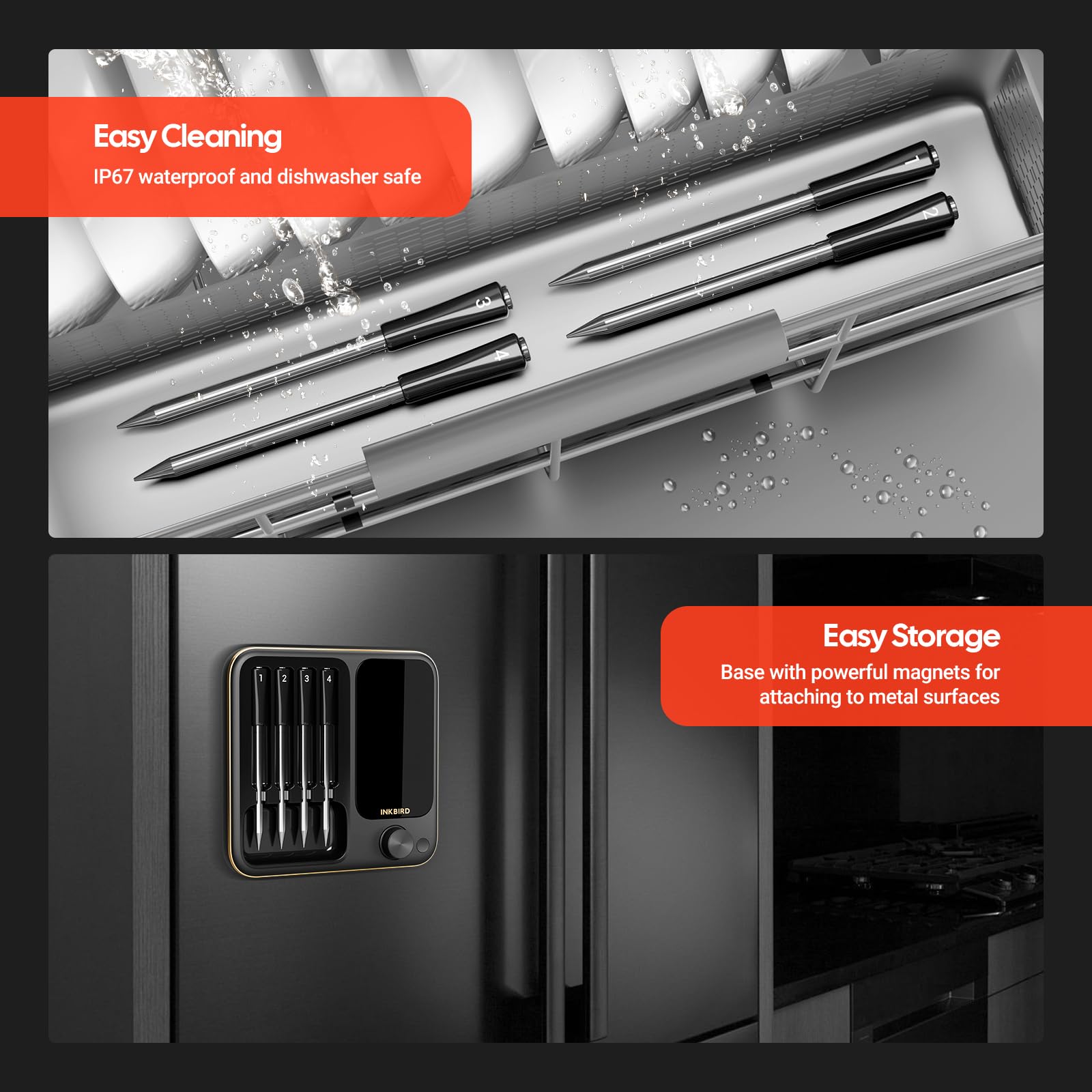 Thermometer on grill for oven and smoker use with remote readouts