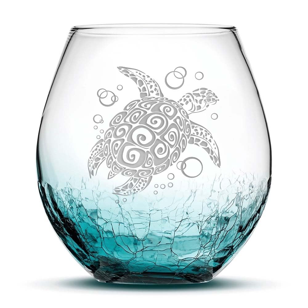 Integrity Bottles Tribal Sea Turtle Stemless Wine Glass 18oz Aztec Crackle Teal