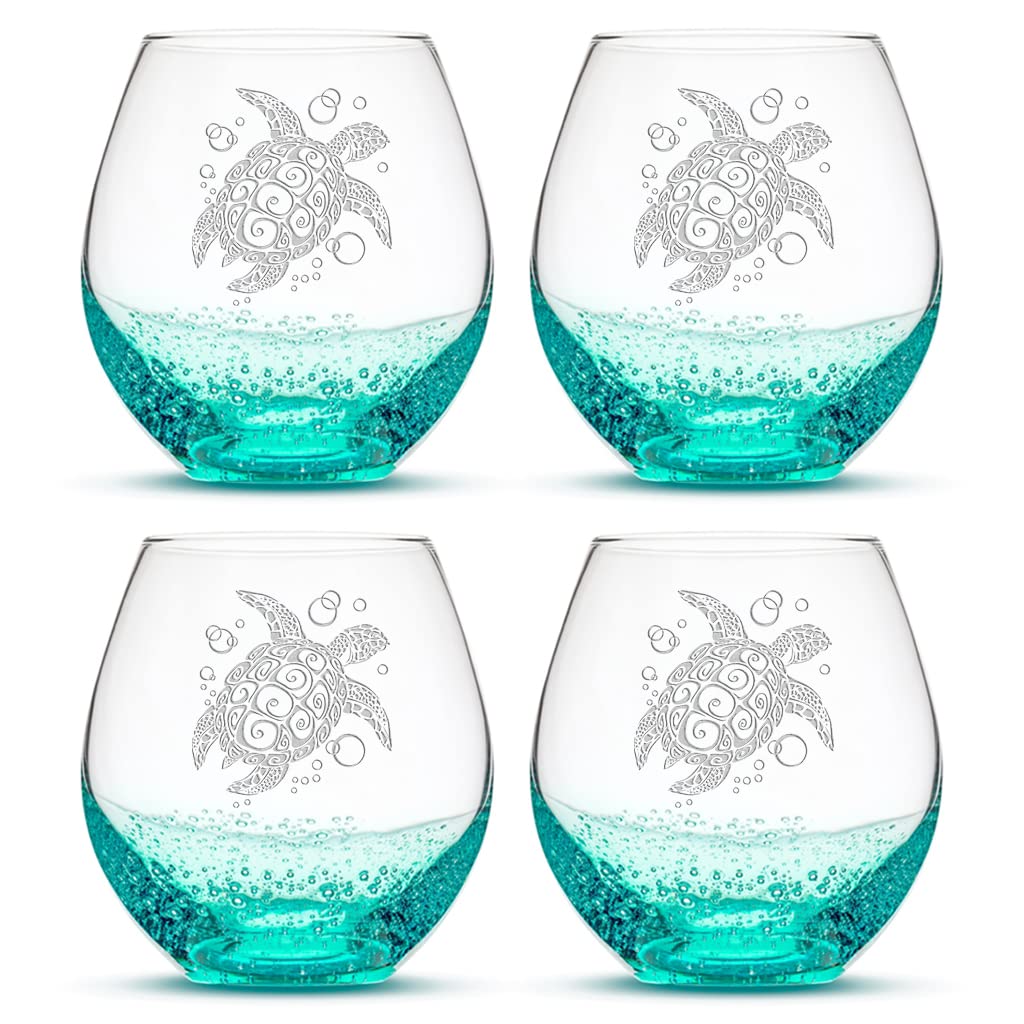 Integrity Bottles Tribal Sea Turtle stemless wine glasses set of 4 in bubble sea foam turquoise