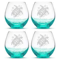 Integrity Bottles Tribal Sea Turtle stemless wine glasses set of 4 in bubble sea foam turquoise