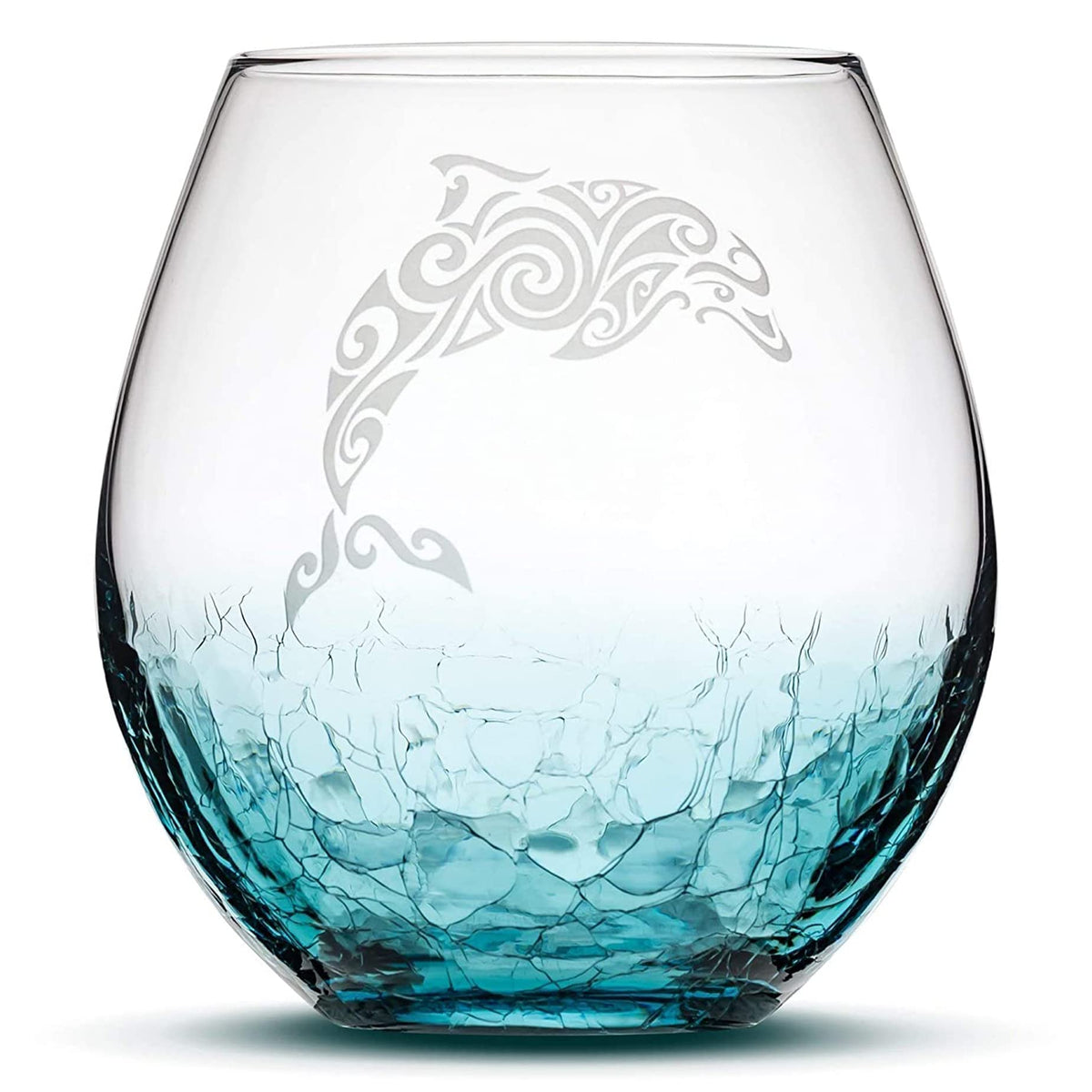 Integrity Bottles Tribal Dolphin Stemless Wine Glass Crackle Teal 18oz