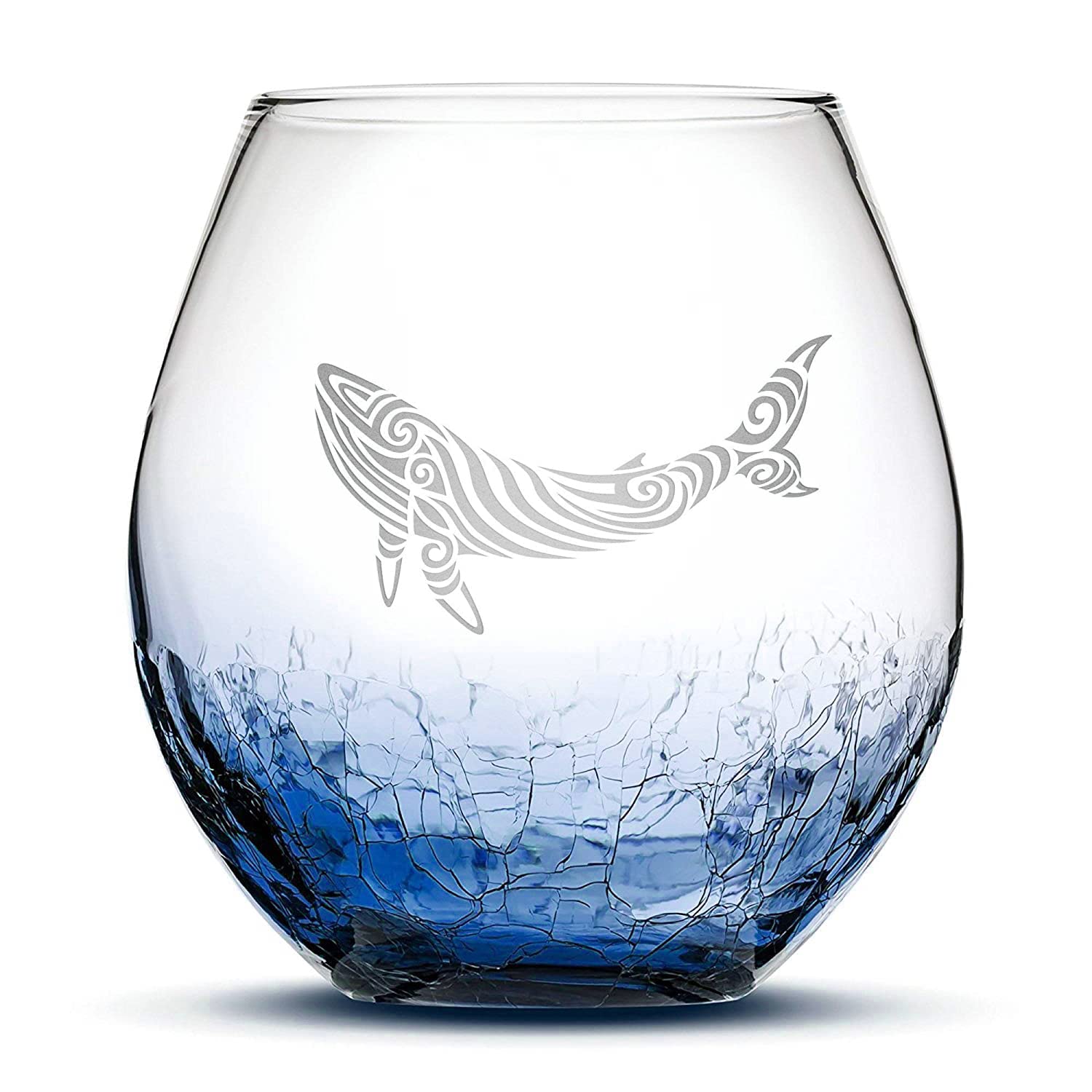 Integrity Bottles Tribal Whale Design Stemless Wine Glass 18oz blue crackle