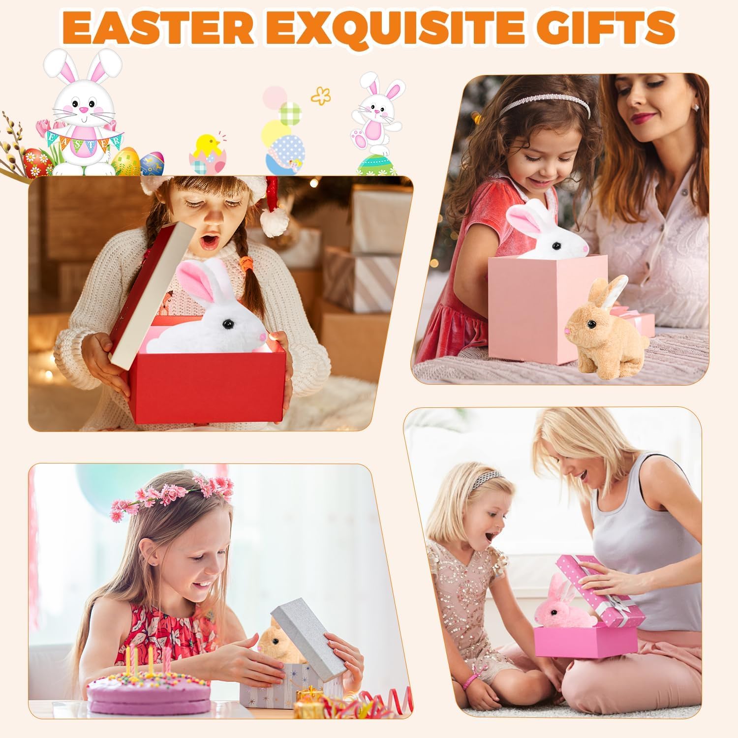 Toddlers playing with soft bunny plush toy