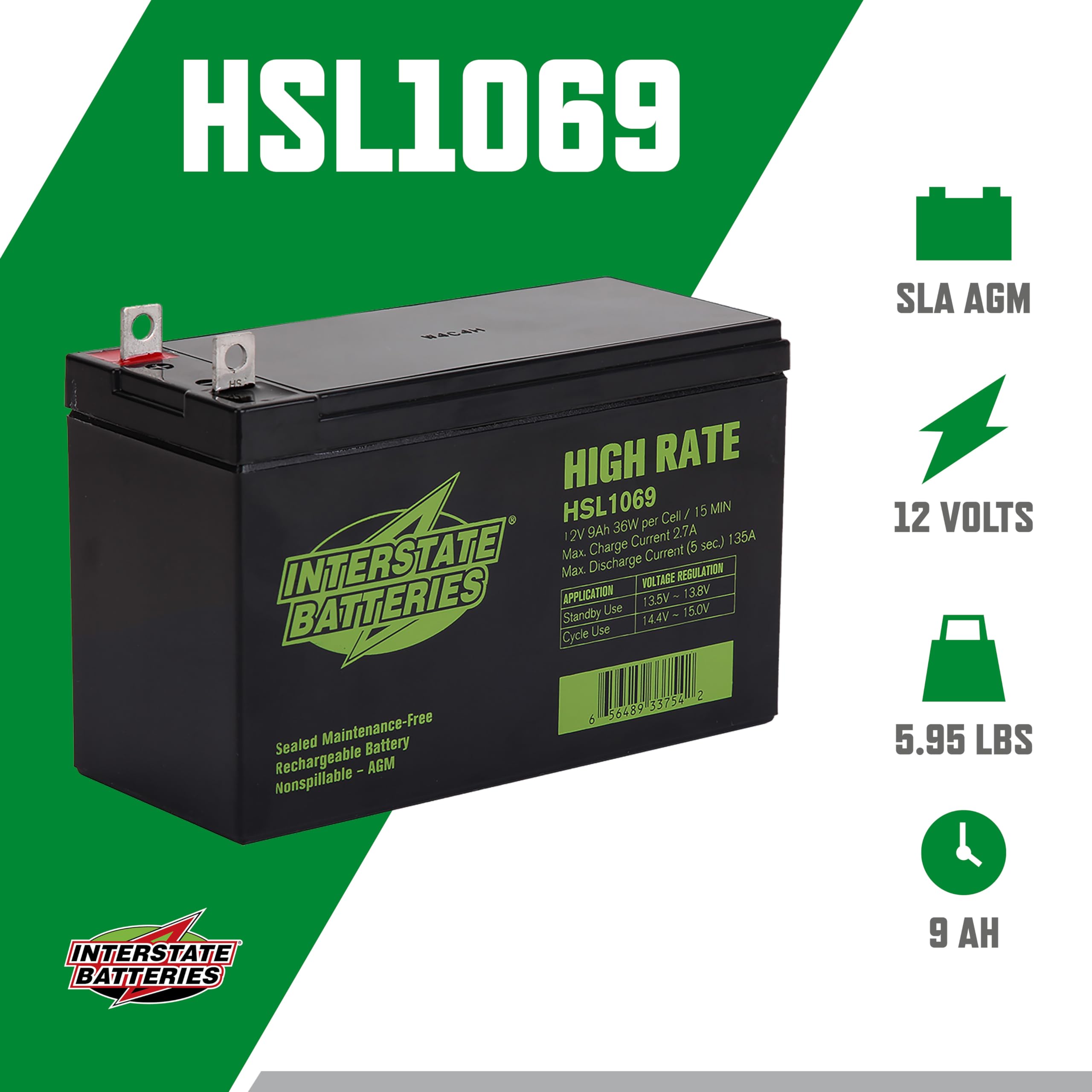 HSL1069 12V 9Ah SLA AGM VRLA battery with nut and bolt terminal
