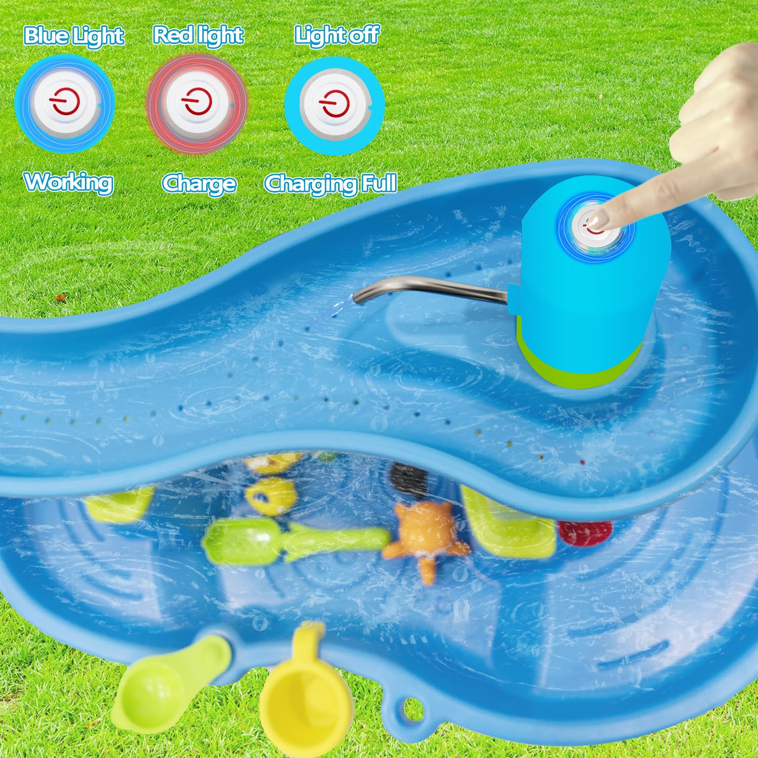Pump attached to water play table creating whirlpools and waterfalls