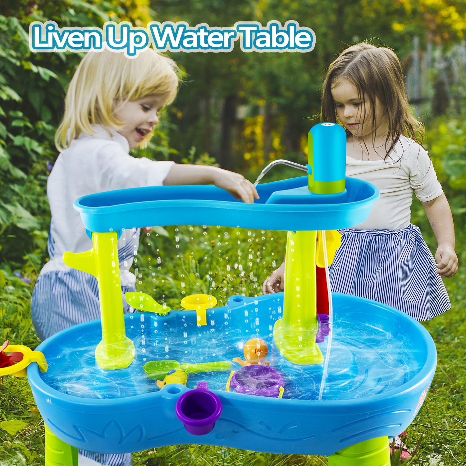 Kids playing with Intoypad Water Table Pump in outdoor setting