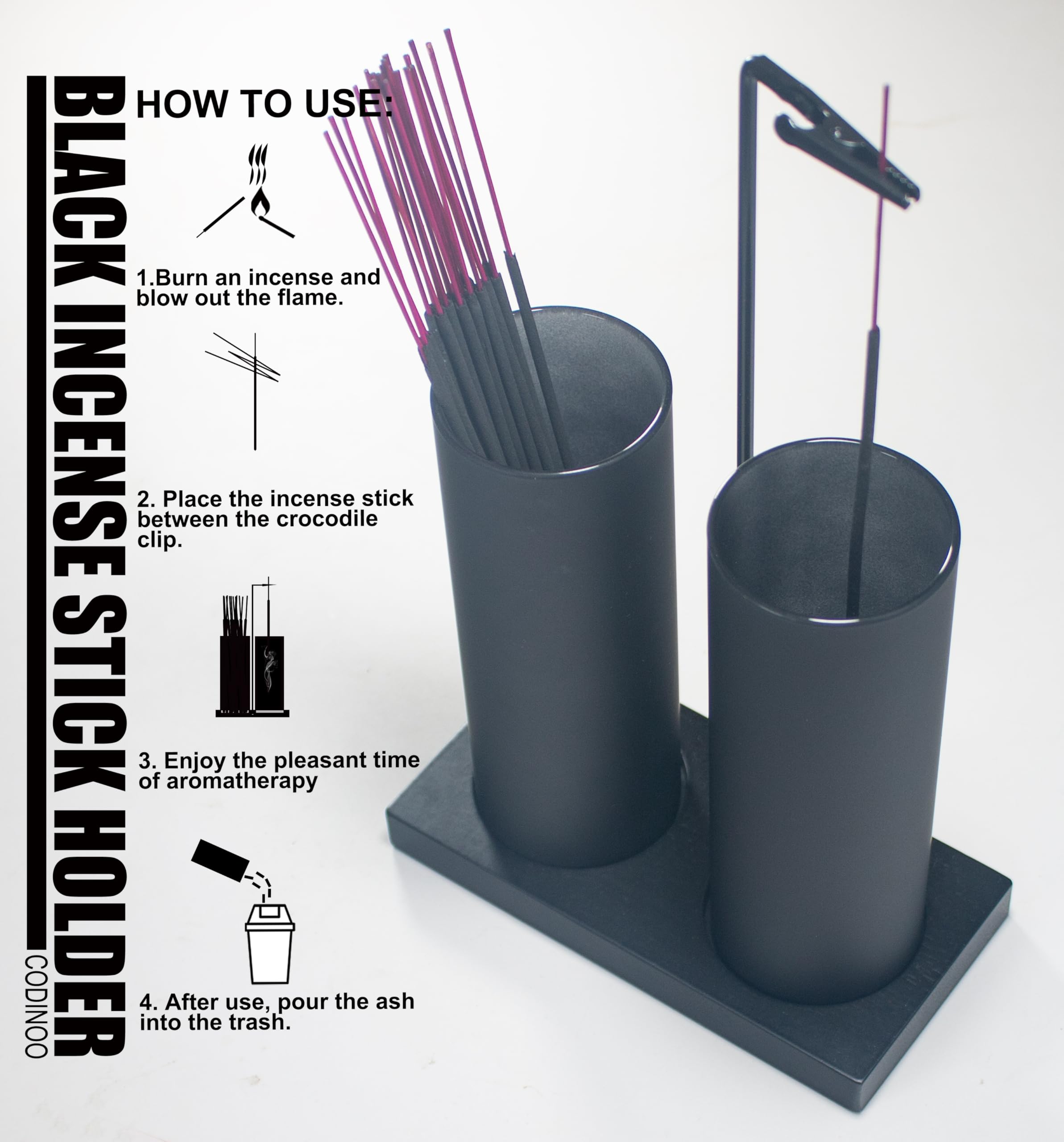 Inverted incense burner with crocodile metal holder compatible with various stick lengths
