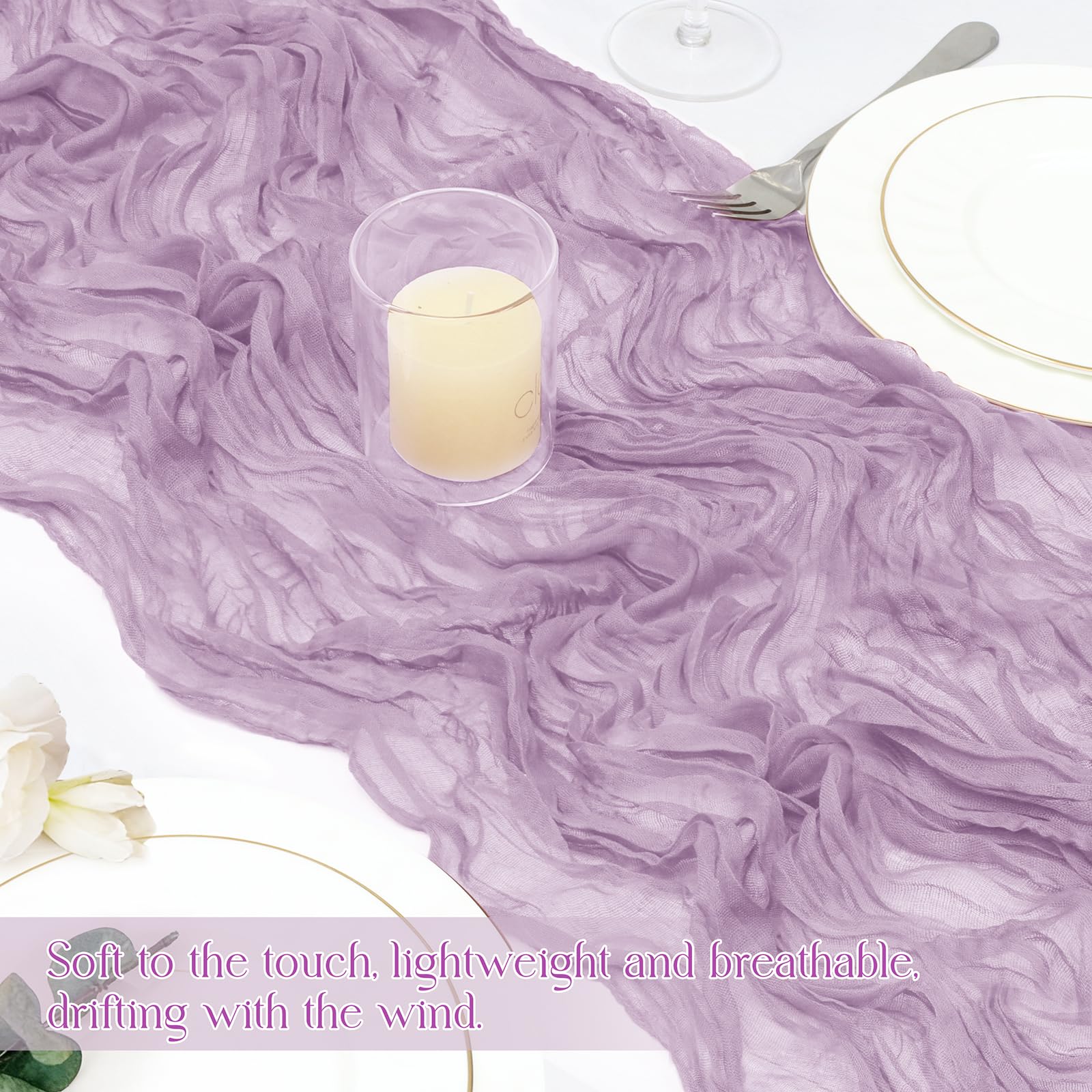 INVGEEXI bohemian dining setup with lilac cheesecloth runner