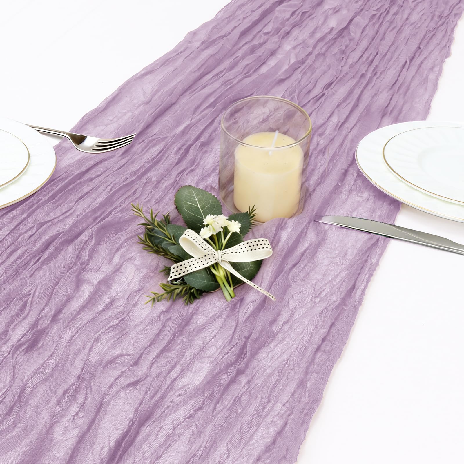 INVGEEXI wedding table decor using lilac cheesecloth runner