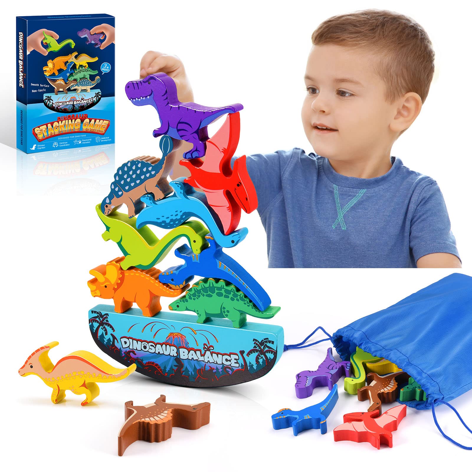 IPOURUP dinosaur toys wooden blocks for kids ages 3-5