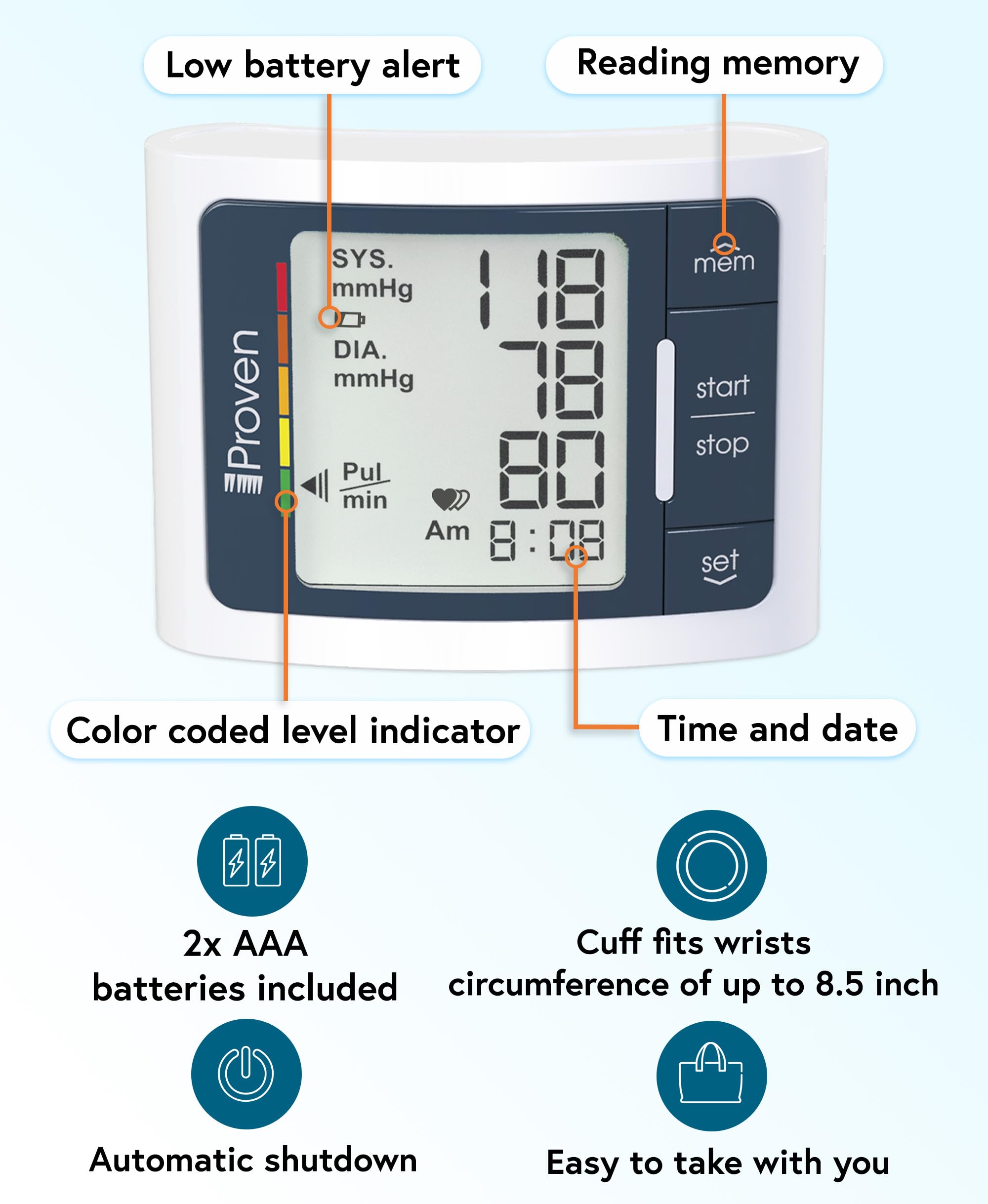 Memory stores up to 60 readings on iProven BP monitor