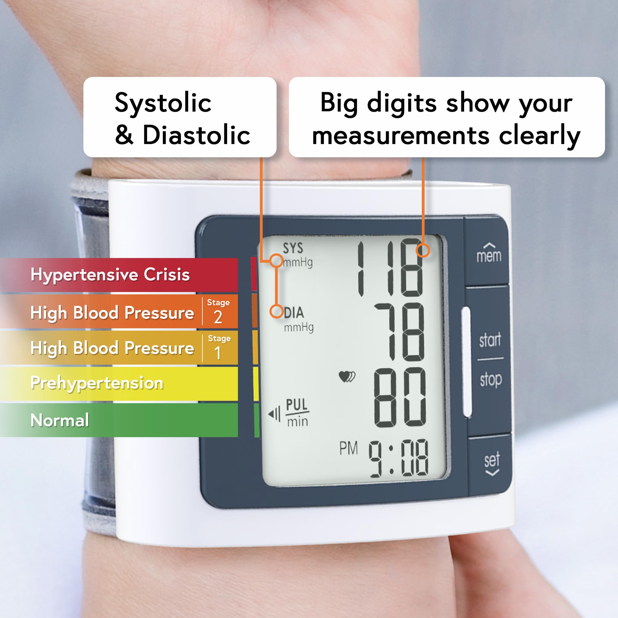 Wrist blood pressure monitor color coded indicator suitable for travel