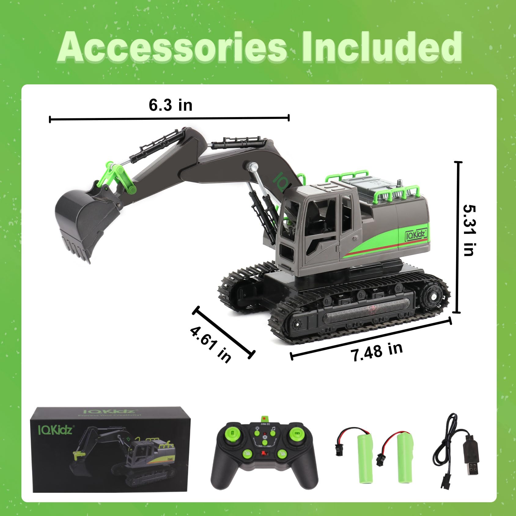 IQKidz RC excavator with lights and sound features
