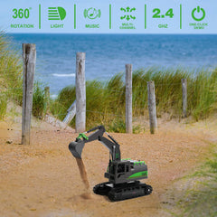 IQKidz remote control excavator with metal shovel digging sand