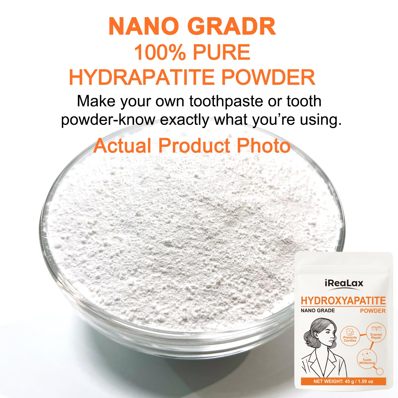 iReaLax 45 g hydroxyapatite powder with two scoops