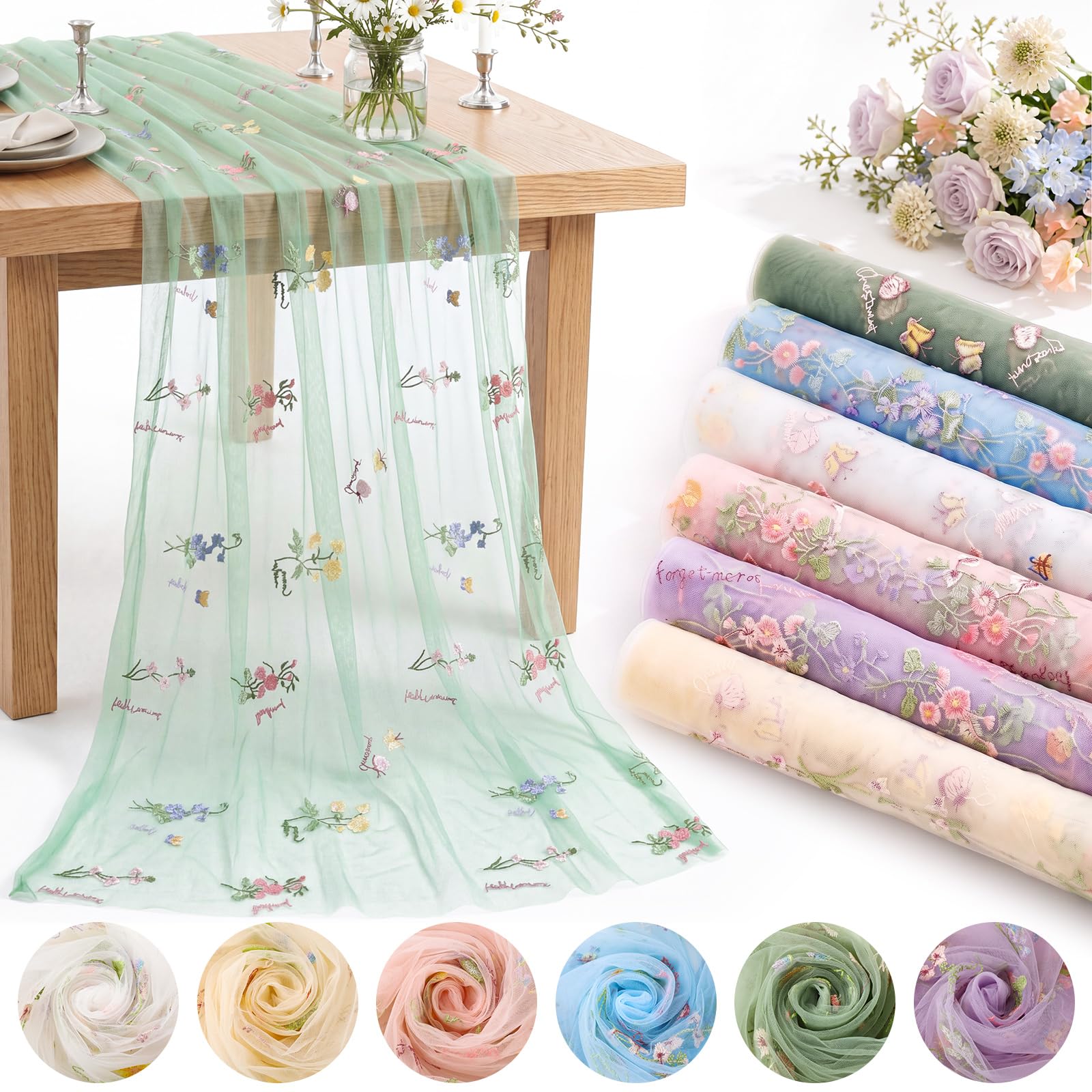 Irenare six wildflower tulle table runners for multicolor set