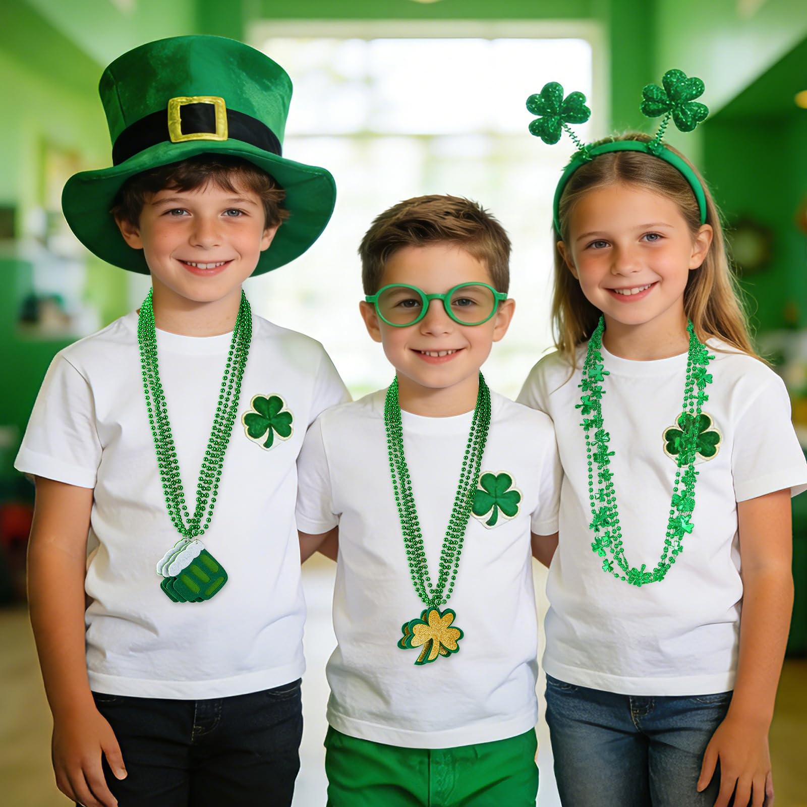 St Patricks Day shamrock bead necklace worn layered