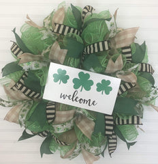 Irish Shamrock deco wreath with sign and ribbons