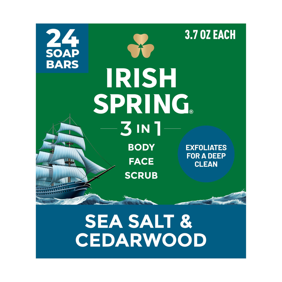 Irish Spring 3-in-1 Bar Soap Sea Salt Cedarwood 3.7 oz 24 Pack