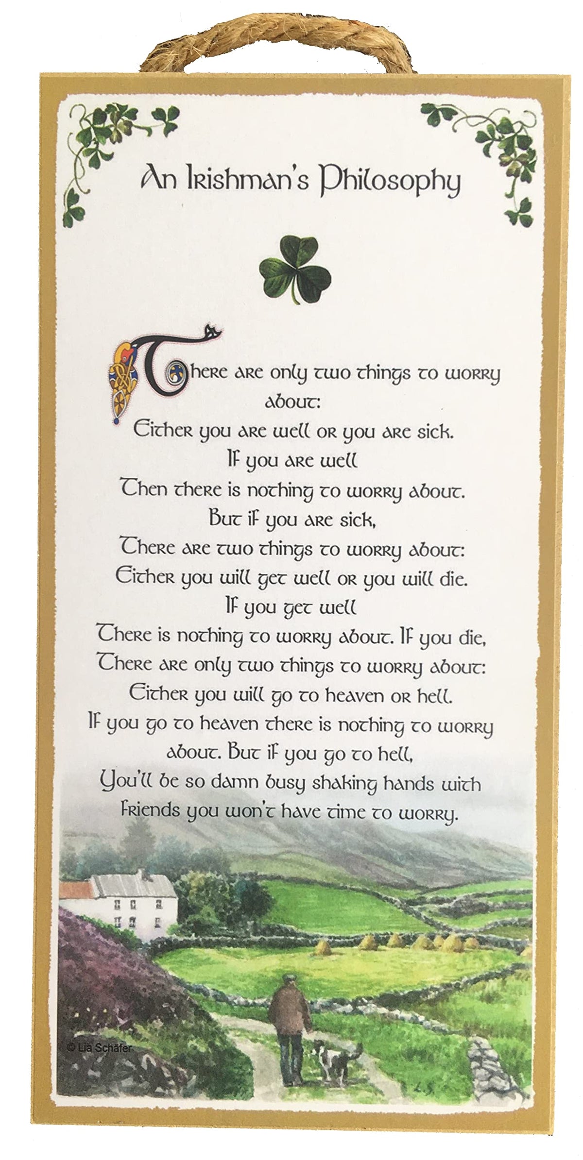 Irishman's Philosophy Irish Saying 5x10 inch hanging wooden plaque with shamrock design