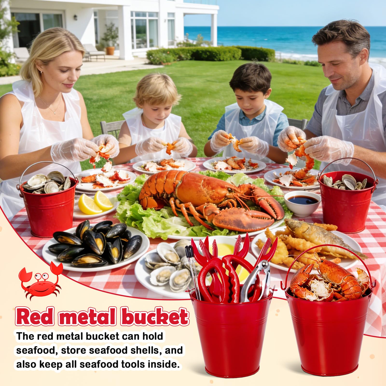 Iron buckets and checkered tablecloth from seafood feast kit