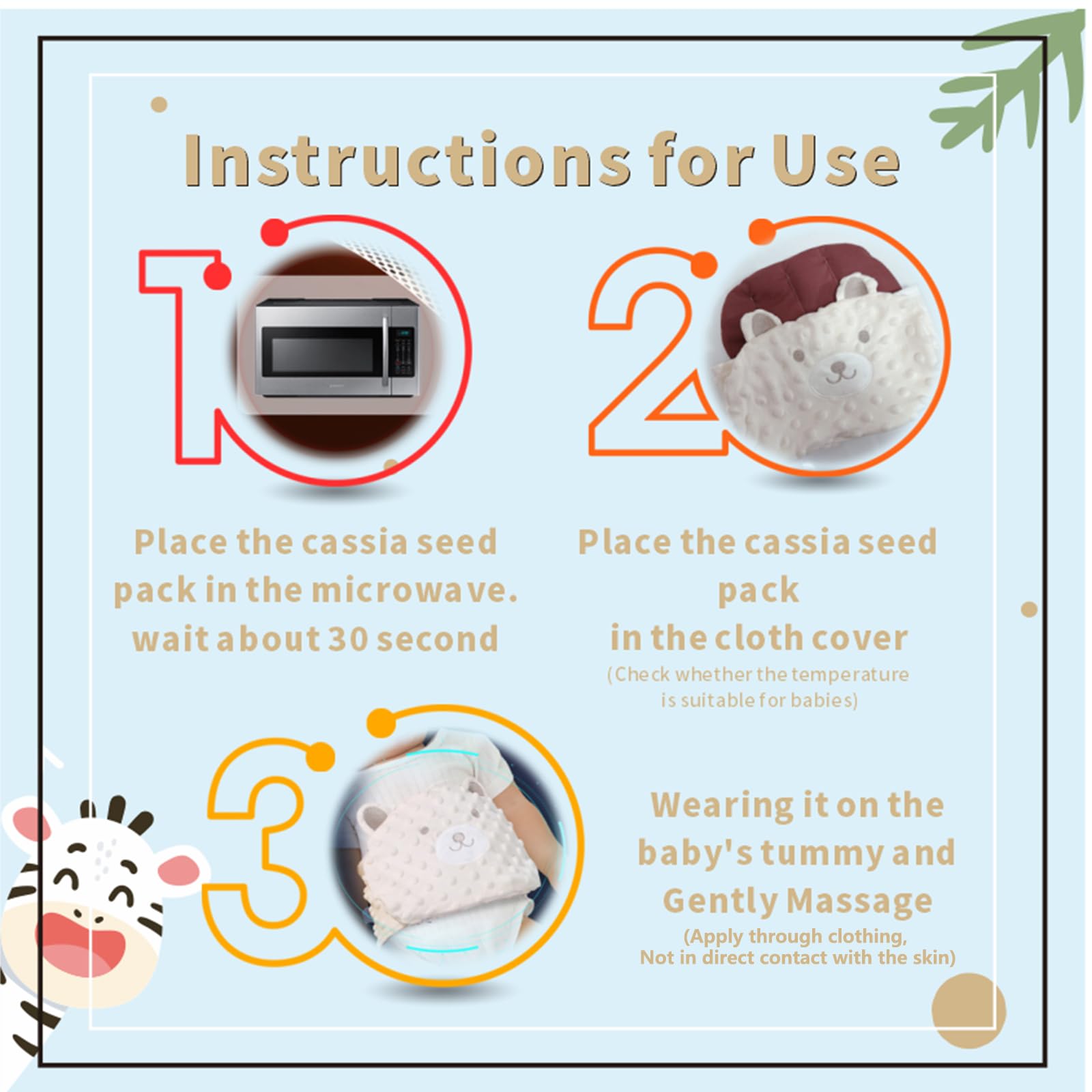 Microwaveable cassia seed pack and adjustable belt for infants