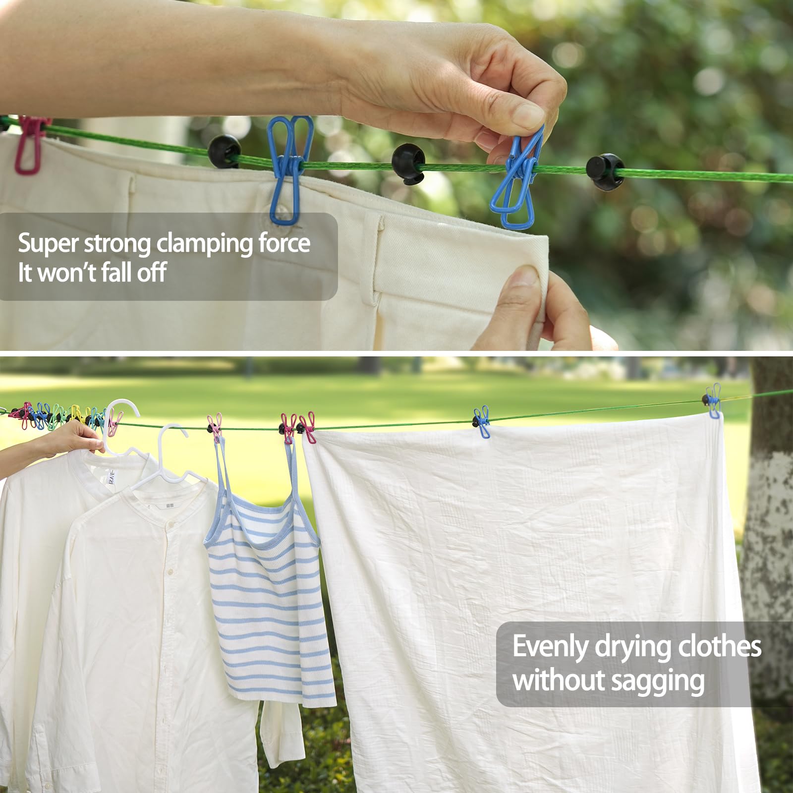 Clothesline ends with reinforced safety clips