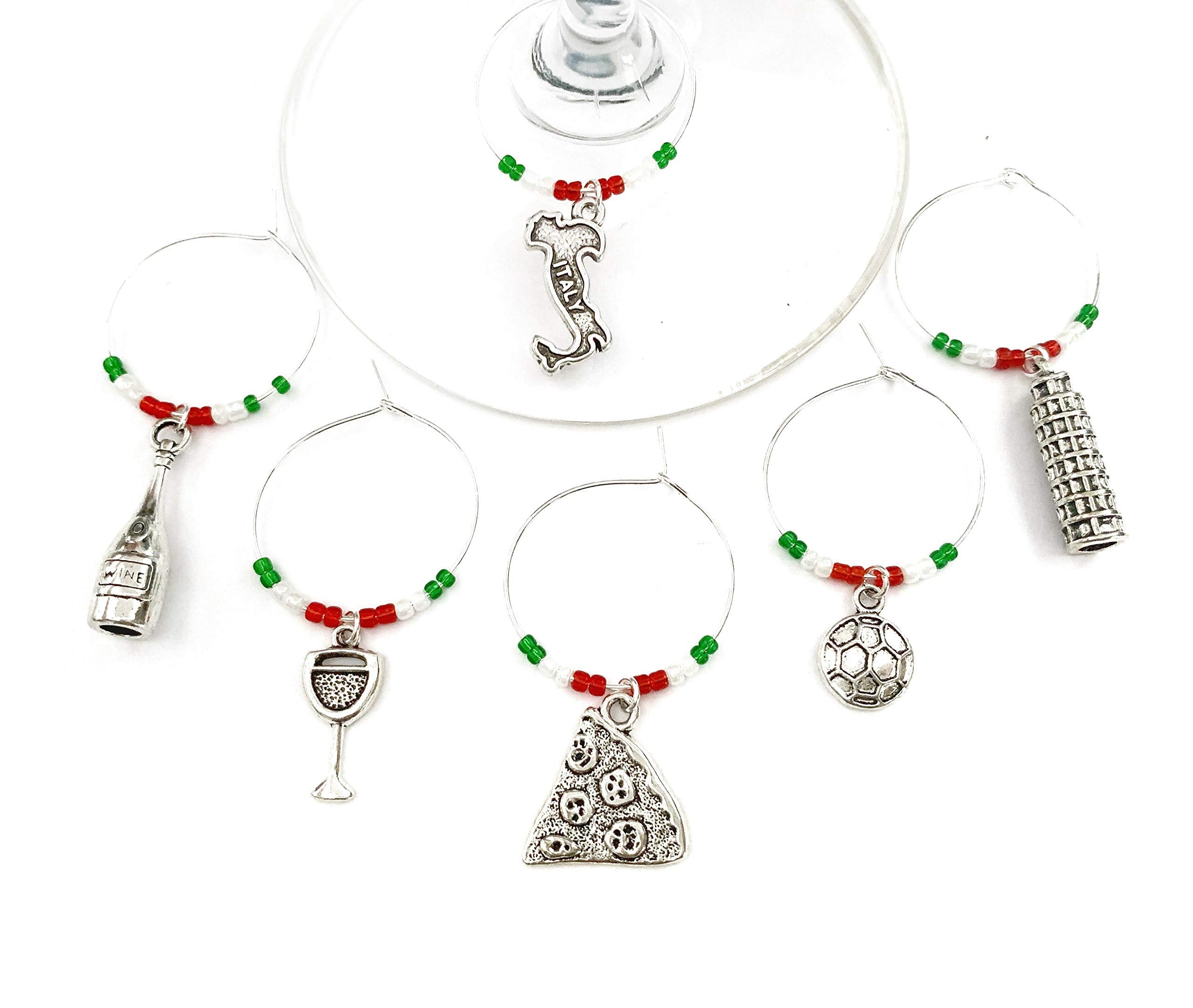 Italy Wine Charms set of 6 with Italy flag themed beads for wine lovers.