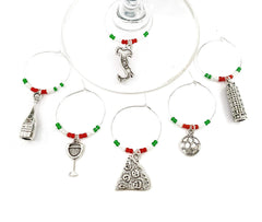Italy Wine Charms set of 6 with Italy flag themed beads for wine lovers.