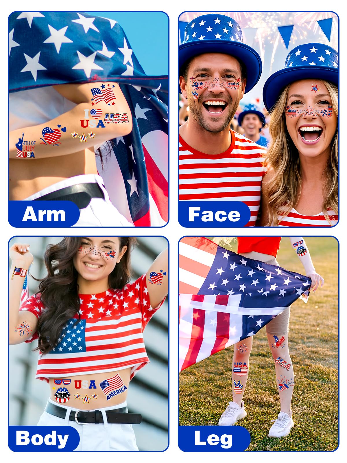 Fireworks eagle and Statue of Liberty motifs on tattoos