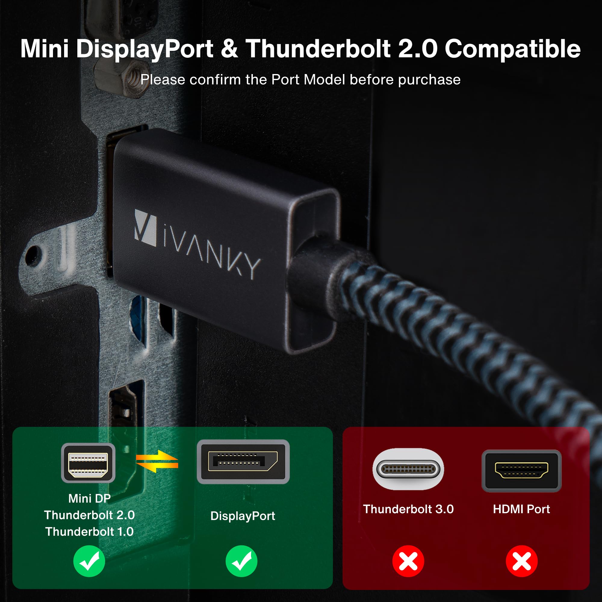 10ft IVANKY mini DP to DP cable suitable for workstation setups