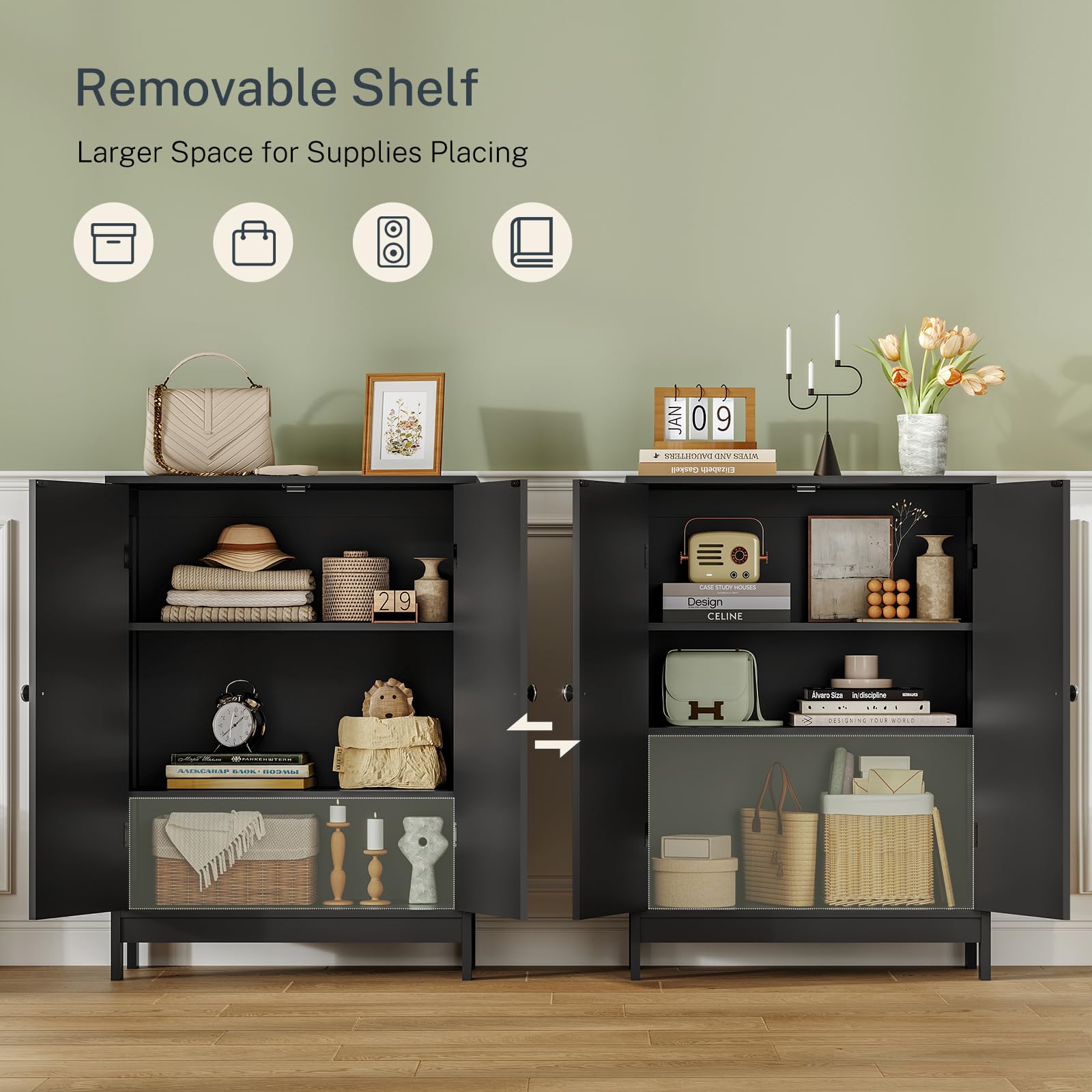 Iwell Bathroom Cabinet in living room setting with doors closed