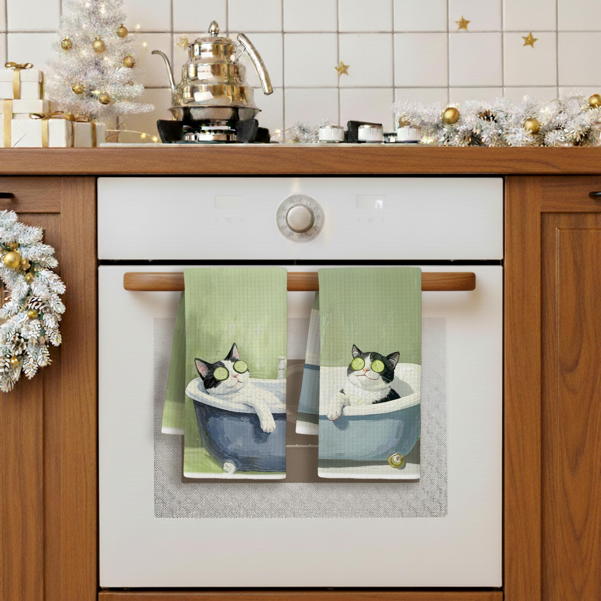 Sage Green Cat Decor Towels by IWGDNJS Set of 2