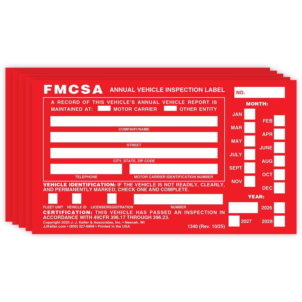 J. J. Keller aluminum annual vehicle inspection label 5 pack red with punch boxes