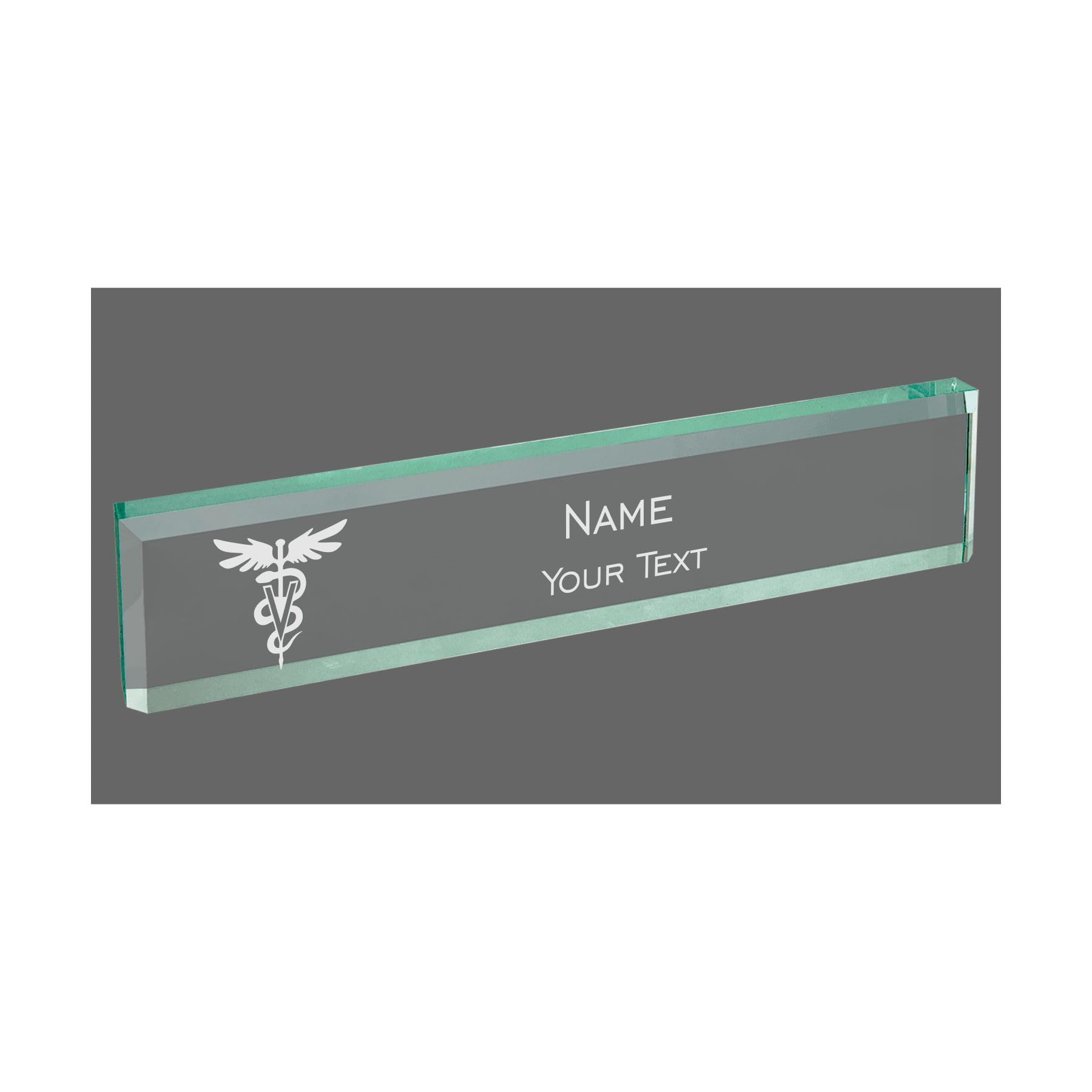 Jade glass name plate with vet symbol and beveled edges
