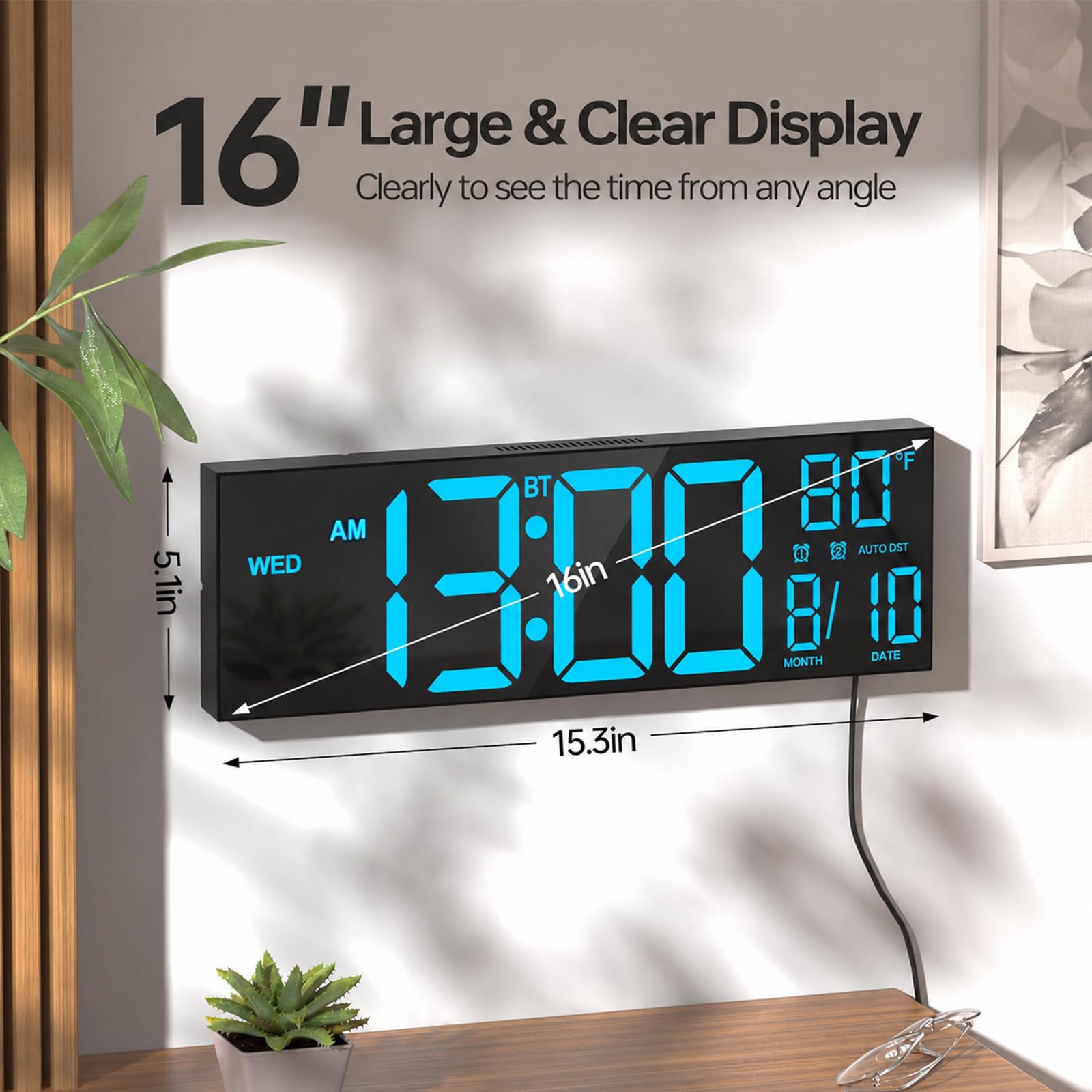 Large 16.2 inch display clock showing eight color options